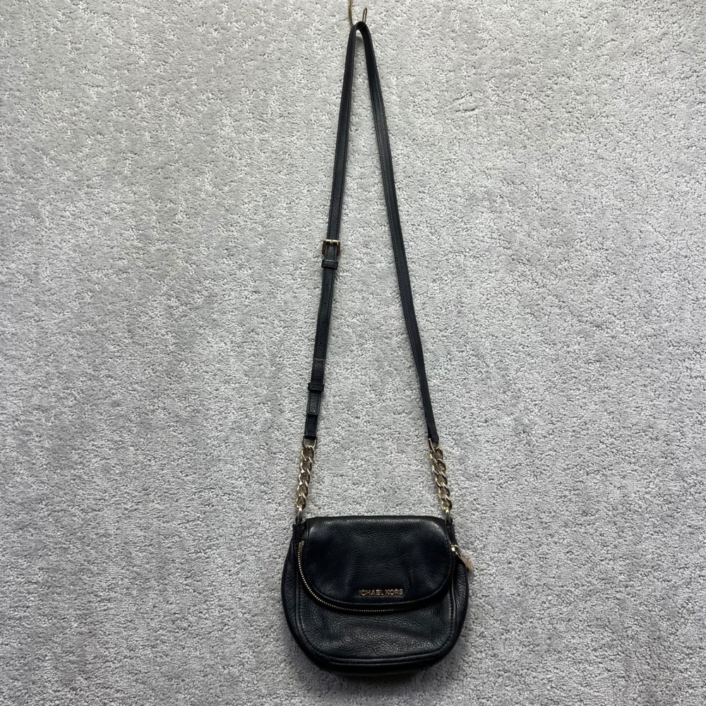 Michael Kors Bedford Crossbody‎ Bag Small Black Leather Flap Golf Chain Strap